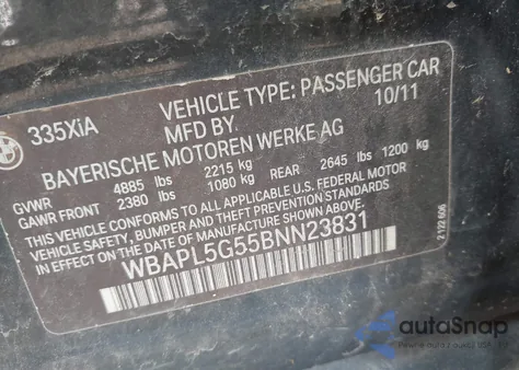 2011 BMW 335I xDrive из США, поврежденный, VIN WBAPL5G55BNN23831